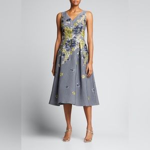 Teri Jon Blue Pinstripe Midi Dress with Yellow Floral Detail